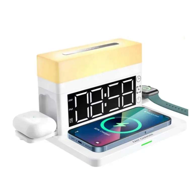 

6 In 1 15w Fast Wireless Charging Station With Alarm Clock Bedside Lamp Led Night Light Wireless Multifunctional Charger