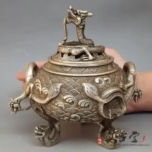 Chinese Silver Copper Hand-Carved Dragon Incense Burner XuanDe Mark