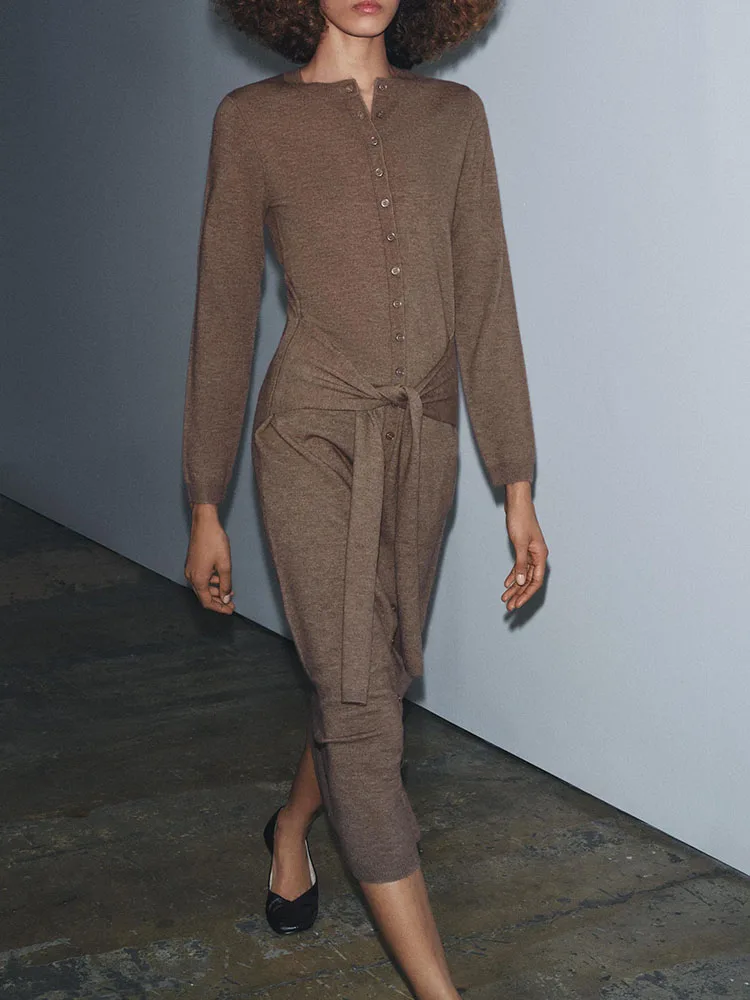 

Элегантное вязаное платье миди ZA2025 для женщин, новинка зимы, с поясом, в европейском стиле, всепогодное, с открытым кардиганом