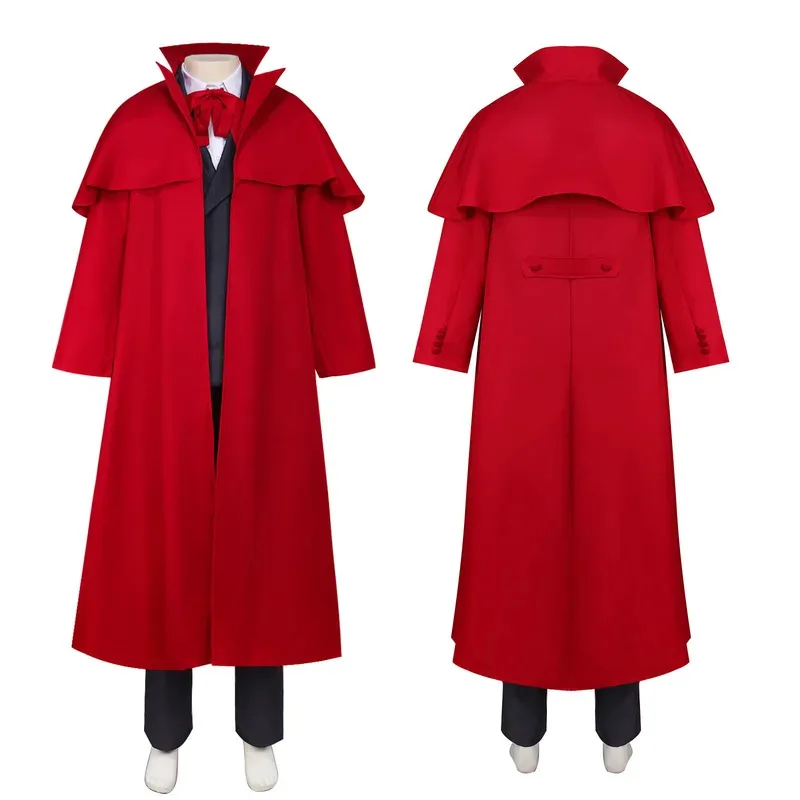 2025 11 Anime Hellsing Alucard Costumi Cosplay Rosso Cappotto lungo Cappello Guanti Accessori Set uniformi Uomo Donna Vestiti per Halloween