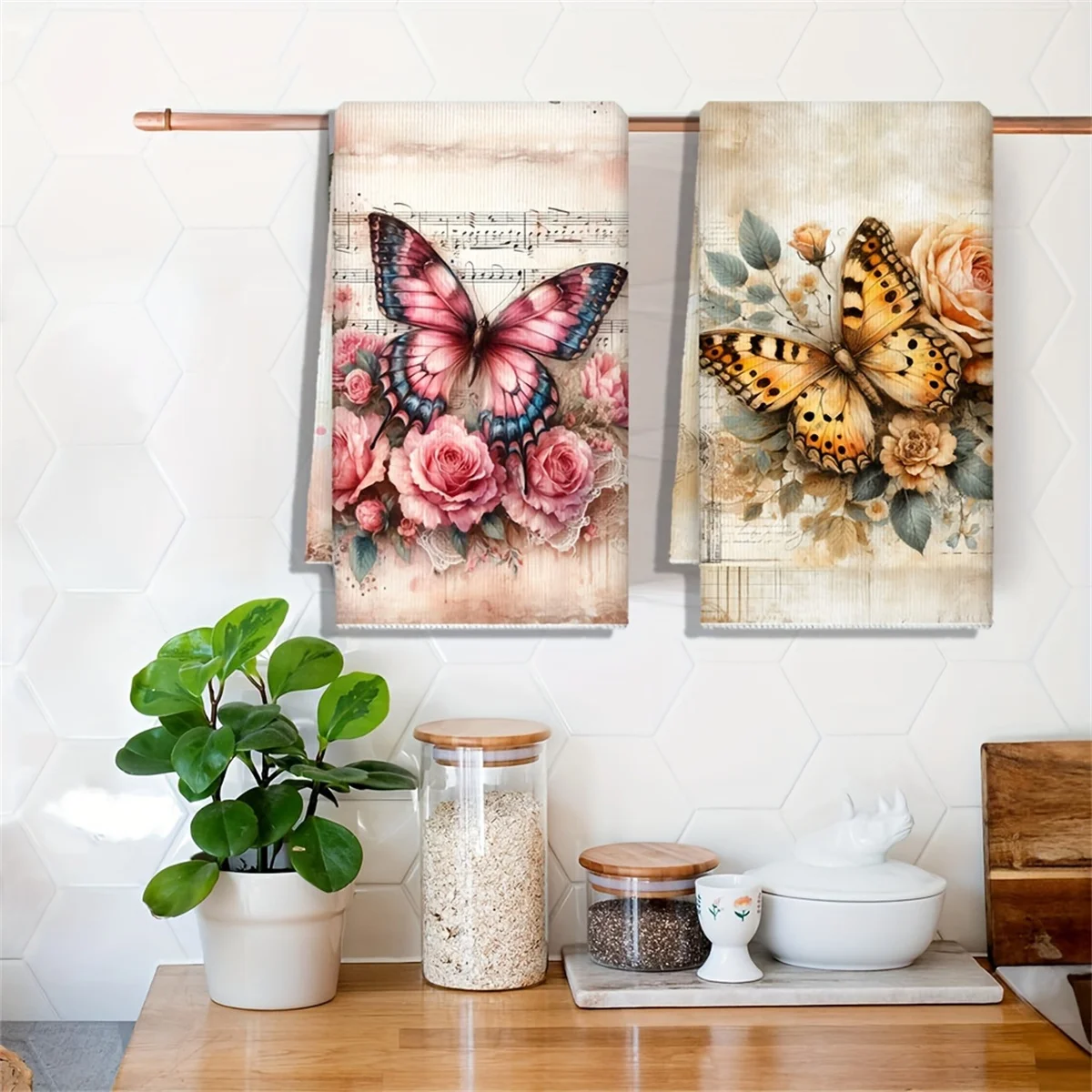 Two-piece vintage cocoa butterfly kitchen towel, featuring floral pattern, suitable for home decoration and bathroom use