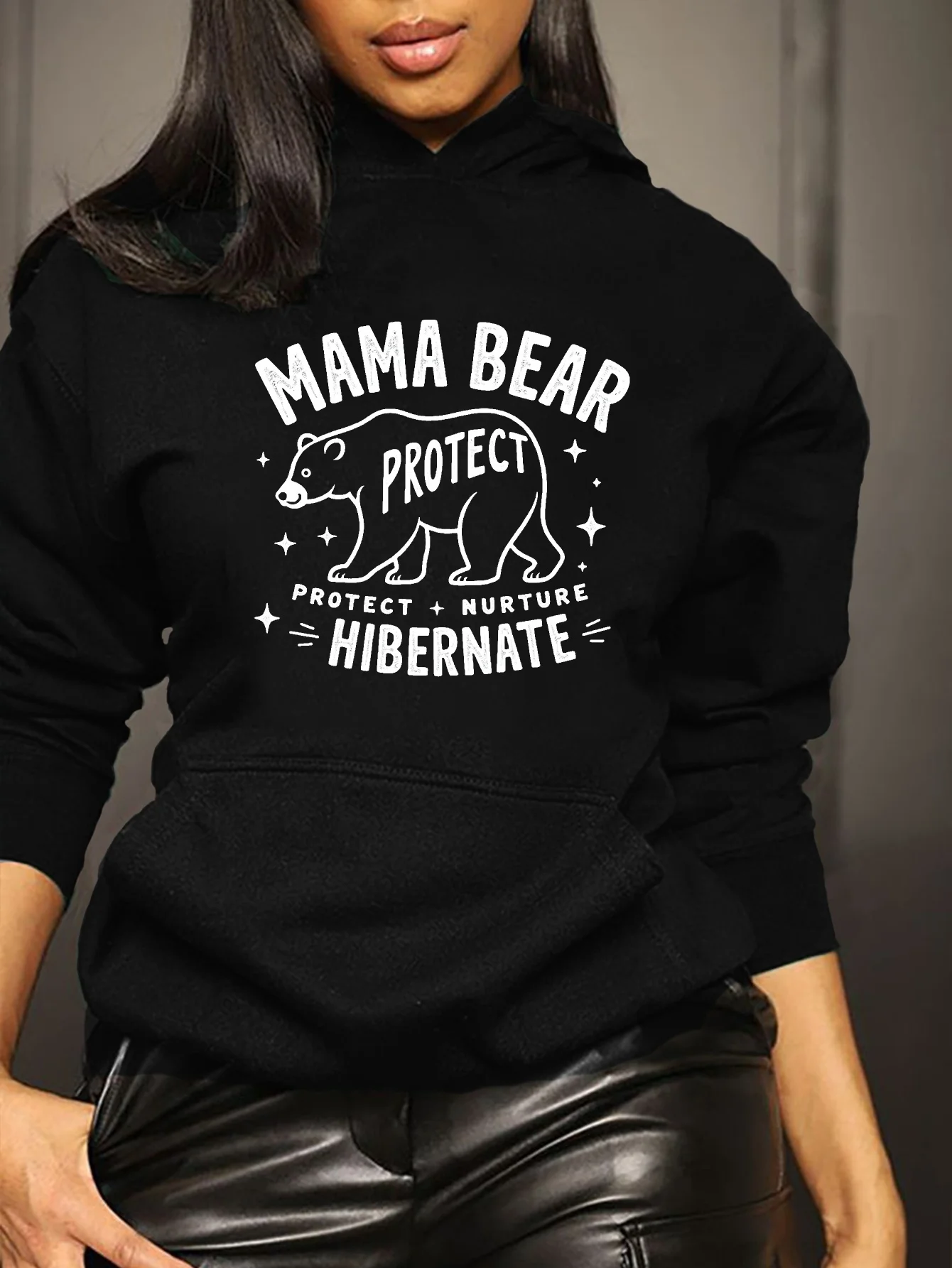 

Bear Mom Pattern Hooded Sweatshirt - Pullover, featuring bear and star designs, with the words "Protect and Care for Winter"