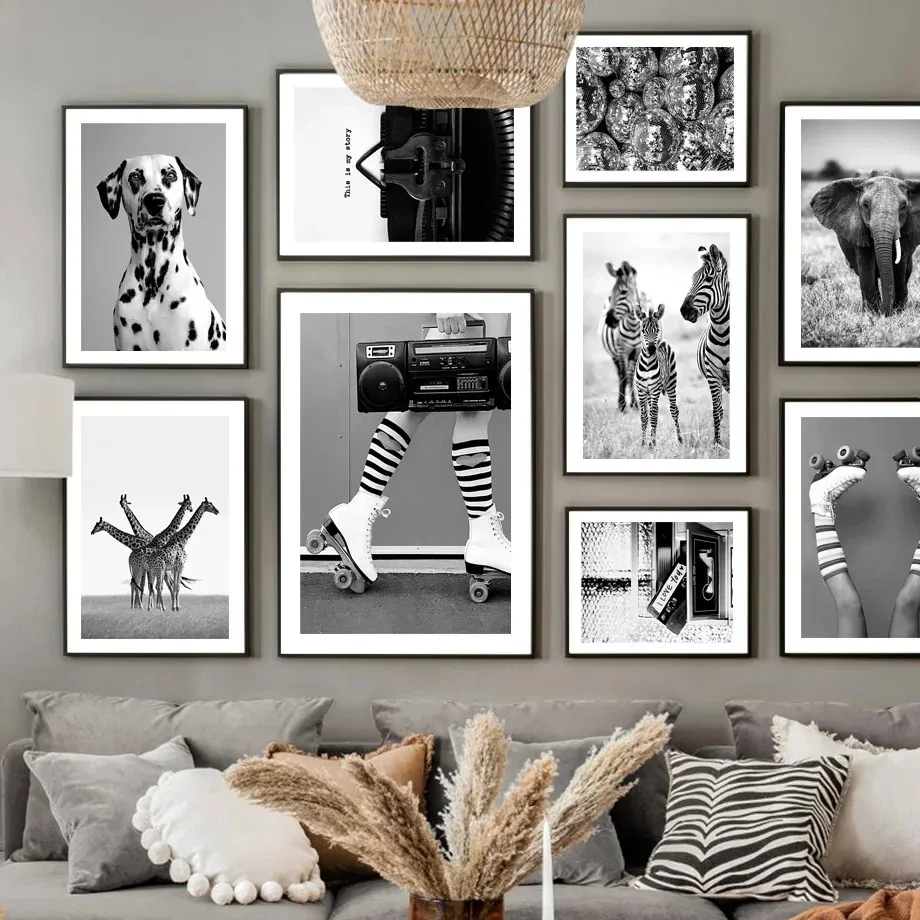 Nordic Poster Vintage Printer Tape Roller Skate Elephant Zebra Dog Wall Art Print Canvas Painting Decor Pictures for Living Room