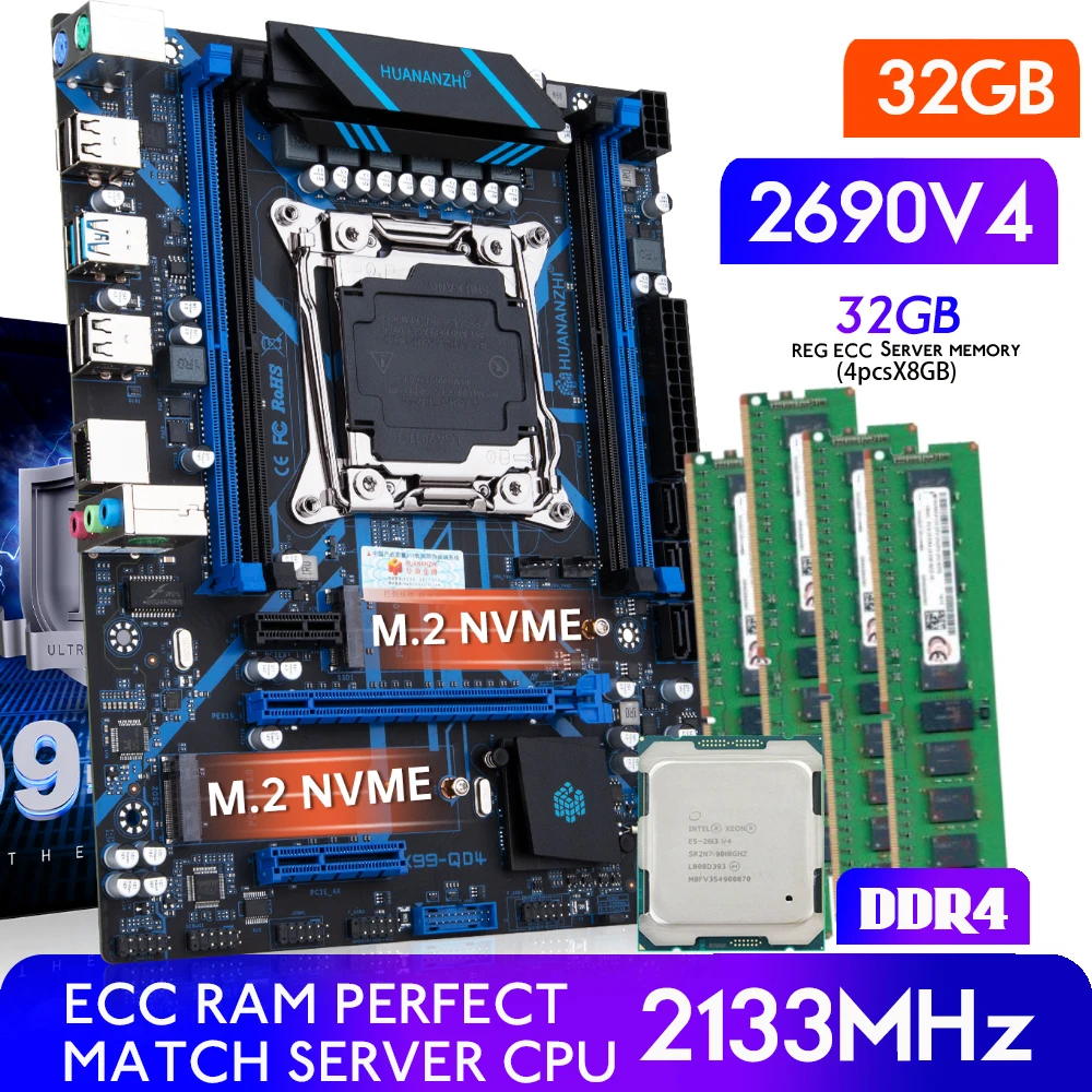 HUANANZHI QD4 X99 Motherboard with combo kit set XEON E5 2690 V4 32GB 2133MHz (4*8G) DDR4 REG ECC Server Memory NVME NGFF USB3.0