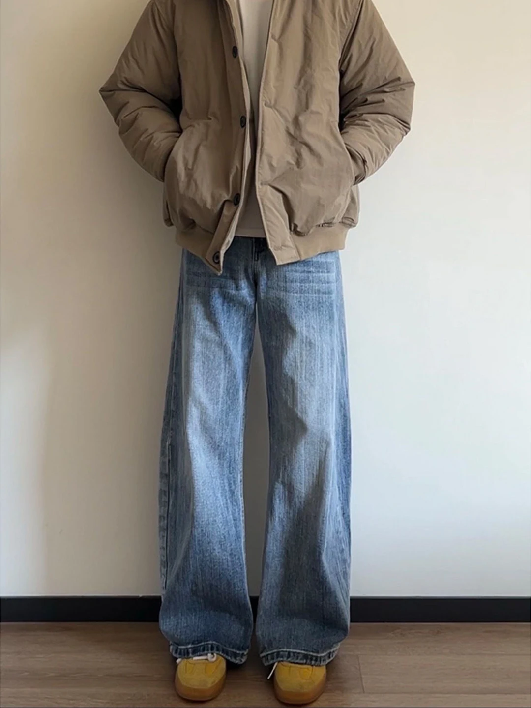 

Мужские джинсы с синим бамбуковым узором, прямые, осенне-зимние, в американском ретро-стиле, свободные, широкие, расклешенные, Cleanfit