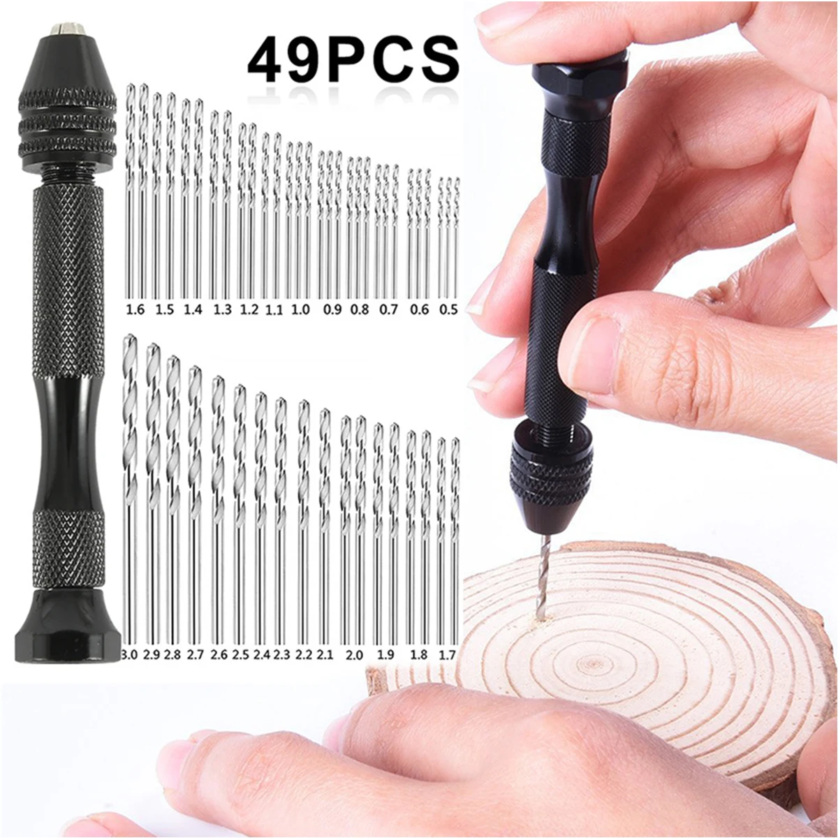 49pcs 0.2-3.4mm Hand Drill Set Mini Aluminum Hand Drill Bit Jewelry Craft Hand Manual Drill Woodworking Tools Drill Bit Dropship