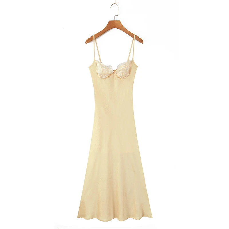 Abiti da festa in raso giallo midi a trapezio con spalline alla moda da donna eleganti e sexy