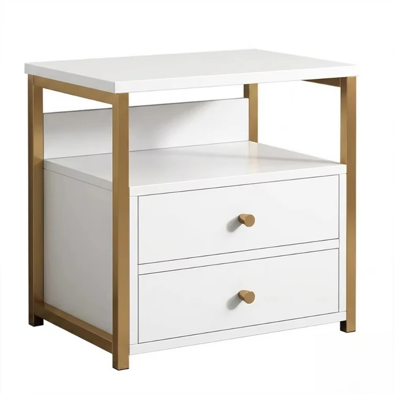 Bedside Table White Surface Gold Metal Frame 2 Drawers Open Storage Rack Hotel Bedroom Furniture