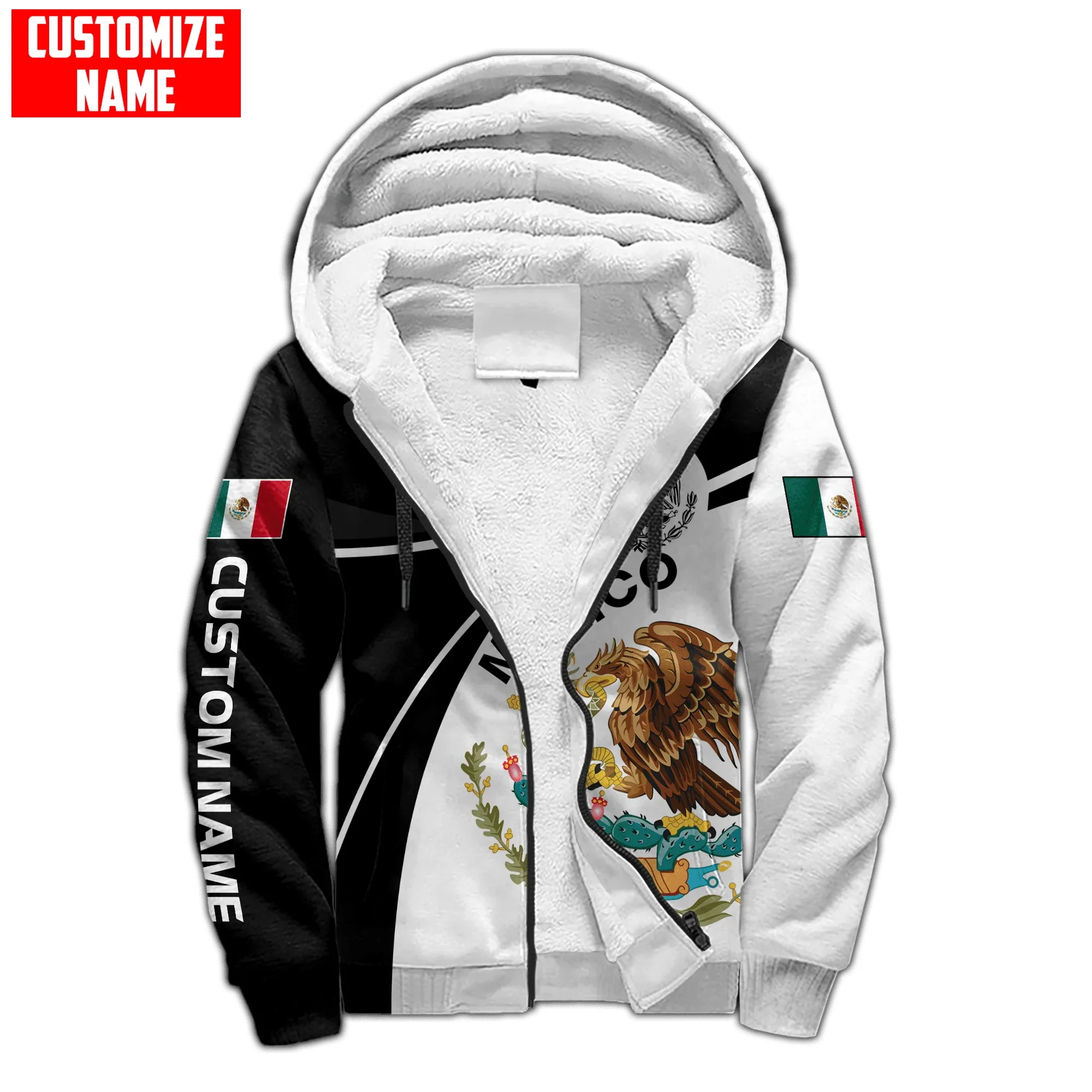 Personalized Name Mexico Flag Coat of Arm 3D Printed Fleece zipper Hoodies Unisex Winter Warm plus velvet Jacket Coat JRL07