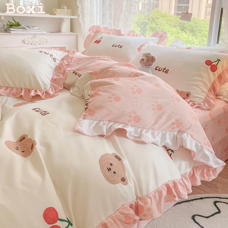 New Cute Princess Style Bedding Set For Girls Twin Full Queen King Size Polyester Bed Skirt AB Side Quilt Cover Sheet Pillowcase