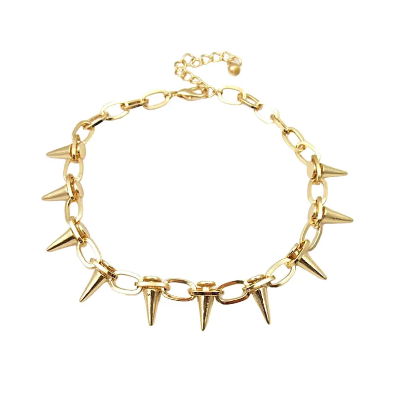 Unisex Spike Cone Statement Bib Necklace Bracelet Set Gothic Punk Mens Womens Black Golden Metal Choker Bangle Jelwery Jewelry view 3