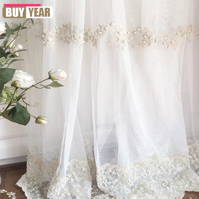 Light Luxury Rope Embroidery Beading French Golden Window Screen Bedroom Living Room Lace White Gauze Wedding Decor Home Custom