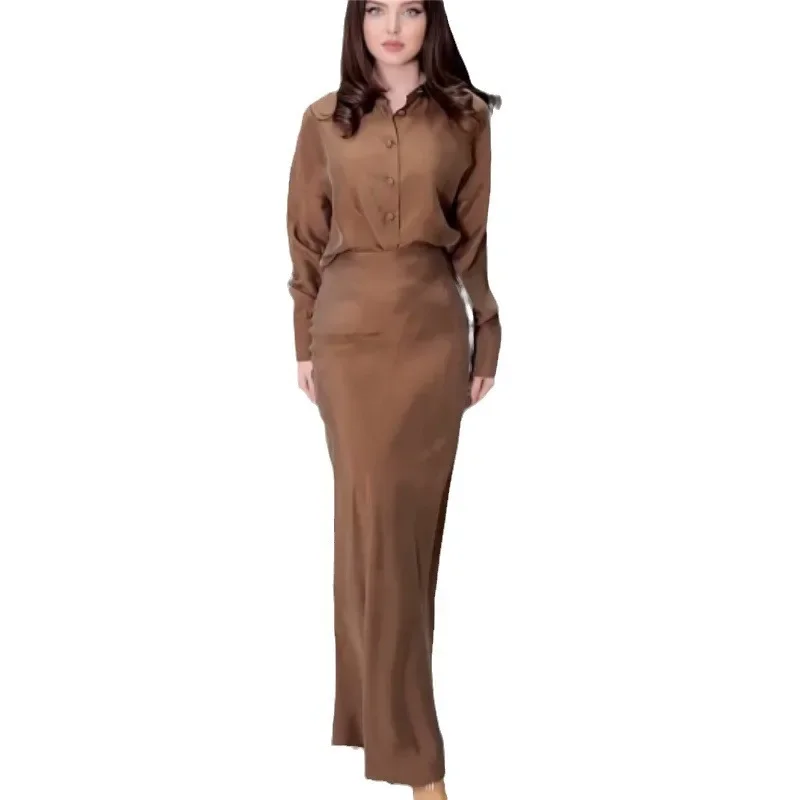 Matching Sets Women Dress Sets Elegant Ankle Length Skirts Blouses Single Breasted Long Sleeve Solid Loose Button Basics