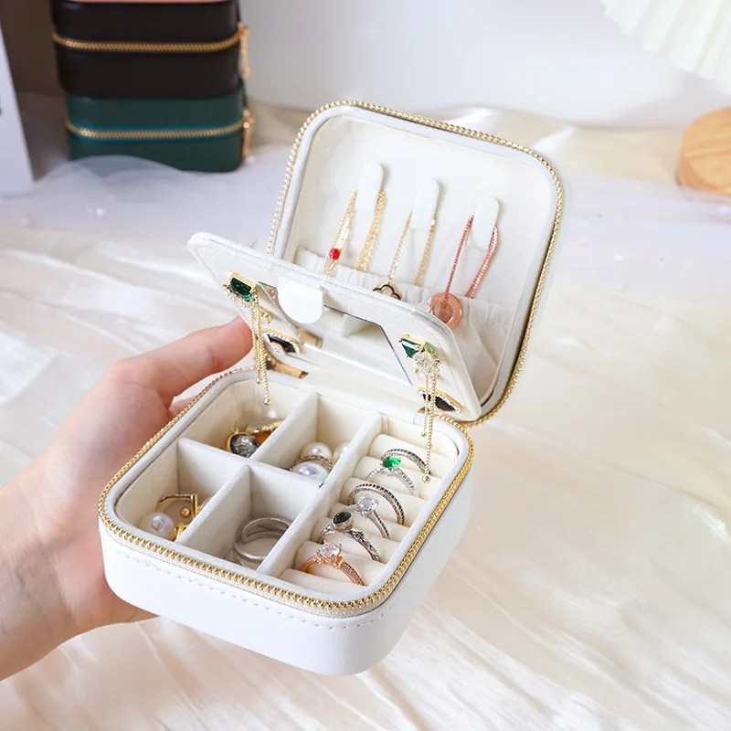 Portable jewelry box with mirror storage, PU leather multi-layer