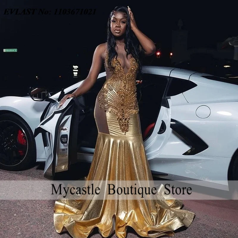 黒人女性向けカスタムゴールドロングダイヤモンドプロムドレス、ダイヤモンドクリスタルビーズ付きフォーマルパーティーガラガウン、ベスティドス・デ・フィエスタ