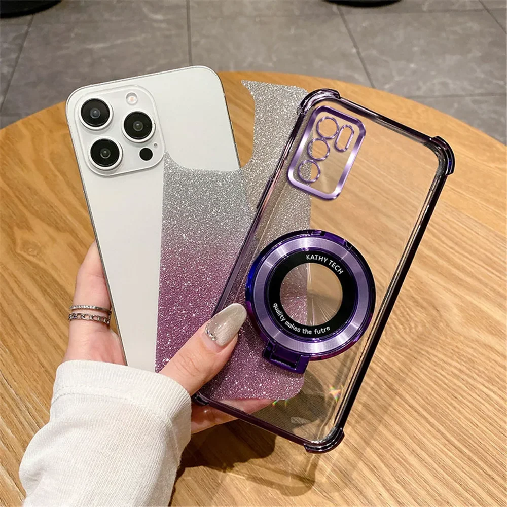 Glitter Shockproof Plating Bracket Phone Holder Case For OPPO A16 A16S A17 A15 A53 A36 A76 A5 A9 2020 A54S A53S Soft Stand Cover