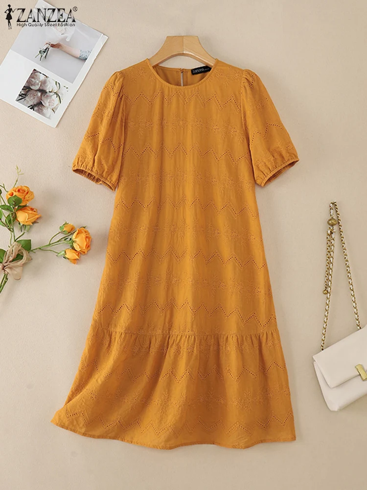 Elegant Lace Crochet Dress 2025 ZANZEA Summer Women Short Puff Sleeve Party Work Vestidos Casual Loose Holiday Midi Sundress