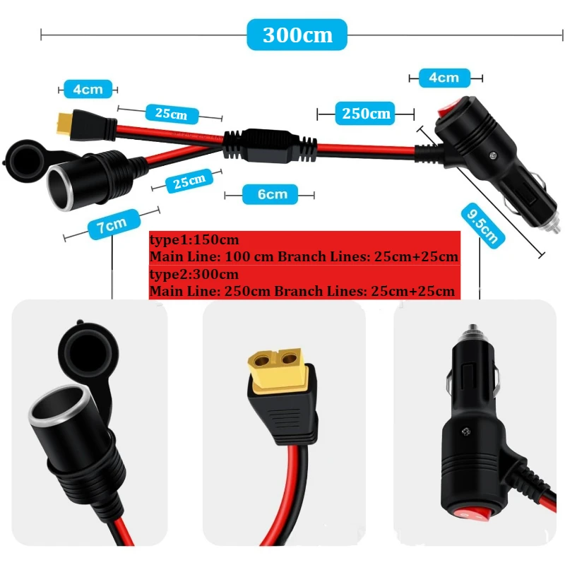 14AWG 1‑to‑2 Car Cigarette Lighter Splitter Cable to XT60 with Dust‑Proof Cover Female Socket 12‑24V for Vehicle & Power Station