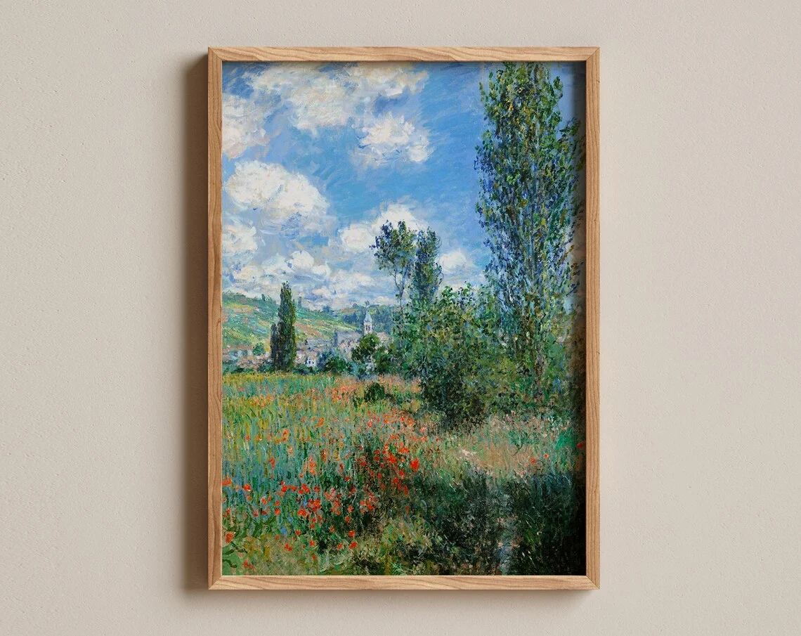 Impressionist Claude Monet Wall Print Decor - Classic Landscape Painting of Wild Poppies and Poplar Trees in Vetheuil, Capturing