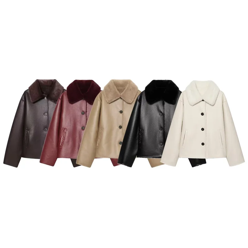 Guobioziy Women's Jacket 2026 Fall/Winter New Fashion Double-Sided Wear Faux Leather Reversible Sheepskin Short Coat