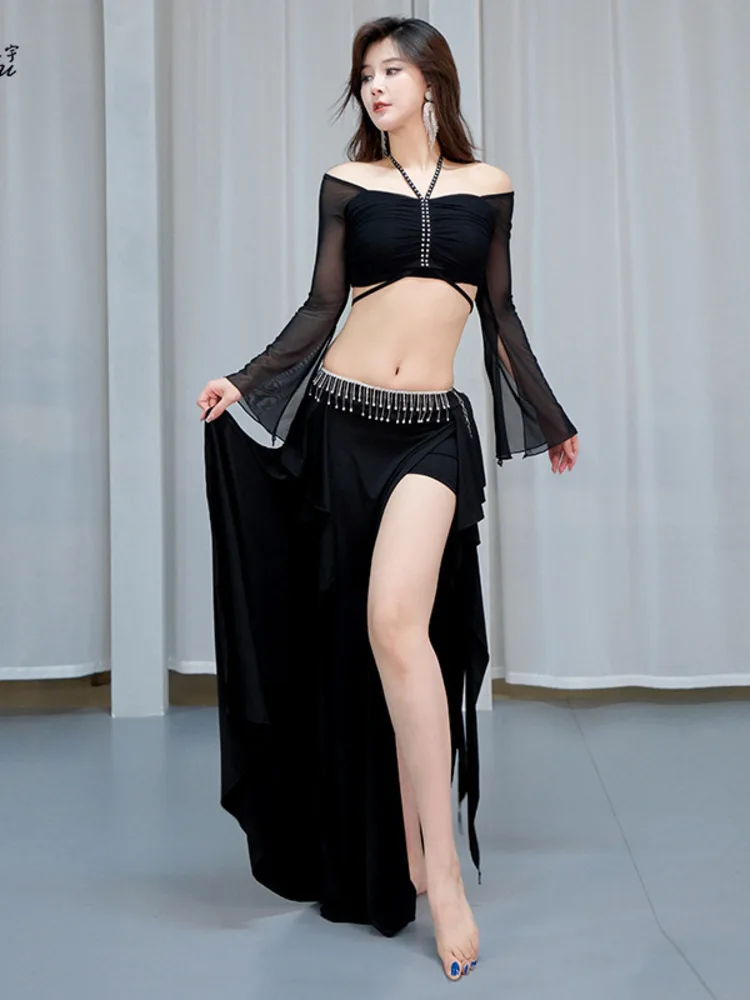 Abito da danza classica elegante per la pancia con top con scollo quadrato con coulisse e gonna con volant sull'orlo diviso – Costume da spettacolo teatrale