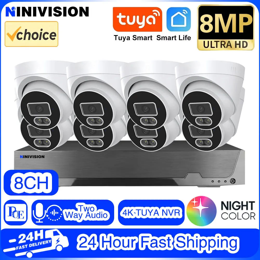 

Tuya 4K 8MP 8CH POE NVR Day Night Vision Security IP Camera System CCTV Video Record Outdoor Human Audio Surveillance Camera
