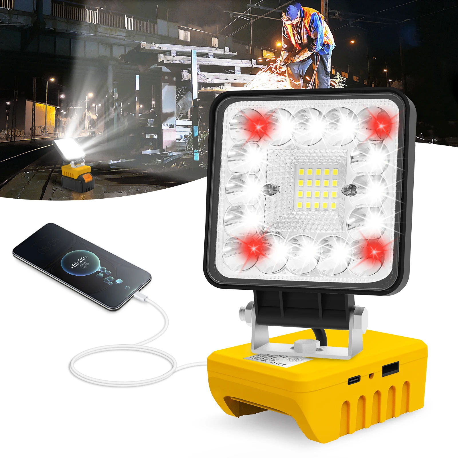 LED Working Lamp Portable Camping Fishing Flashlight Cordless Outdoor Handheld Emergency Tool Light Fit Dewalt 18V-20V Battery