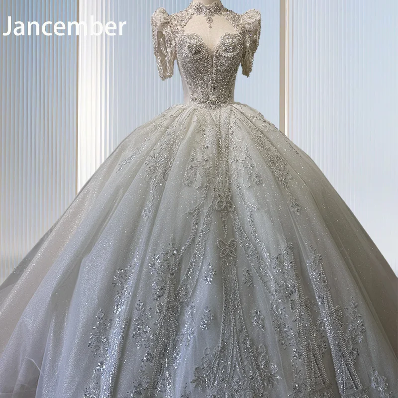 Jancember High Neck Puff Sleeves Short Sleeves Ball Gown Backless Button Crystal Beading Tiptop Wedding Dresses For Women XS008