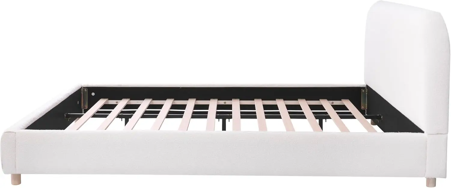 Size Teddy Fleece Thick Fabric Upholstered Platform Bed with Curved Shaped Headboard, Wood Bed Frame with Solid Roun