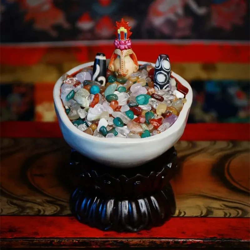 Tibetan Buddhist Kapala Offering Bowl Ceramic Torpa Ritual Cup with Lotus Base Dharma Altar Supply Meditation Worship Decor
