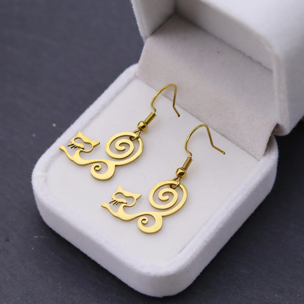 Todorova Stainless Steel Curly Cat Earrings Pet-Themed Cute Jewelry Pendants Perfect Gift for Women Daily/Party Wear