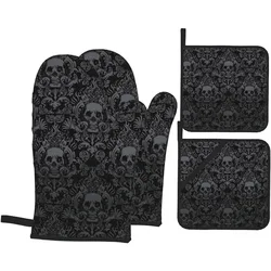 Gothic Skull Flower Black Oven Mitts and Pot Holders Sets of 4 High Heat Resistant Oven Mitts with Oven Gloves and Hot Pads