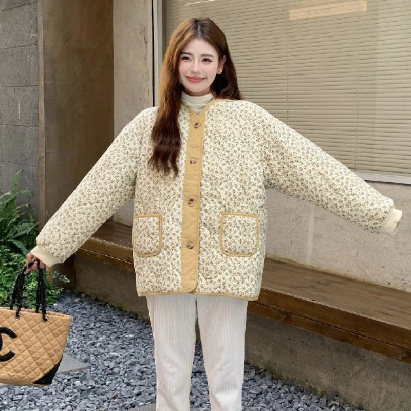 Winter New Women Fashion Goose Yellow Coat Female Korean Style Thicken Warm Flower Cotton-Padded Jacket Casual O-neck Outwear