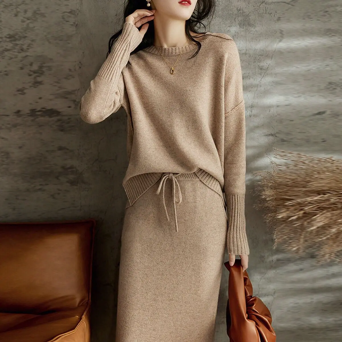 Autumn New Skirt Suit Women Korean Simple Female Knitted Sweater High Waist Skirt 2 Piece Set Winter Office Lady Elegant Outfit