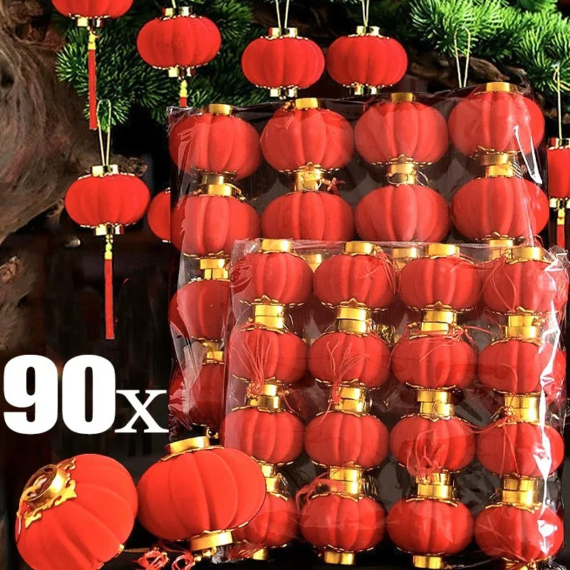 30/90x Hanging Lamp Spring Festival Wedding Red Flocking Small Lanterns Willow Tree Decorations DIY Outdoor Yard Tree Ornaments