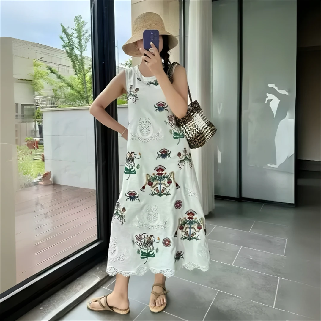 

Elegant Cotton Linen Embroidered Dress Sleeveless Straight Holiday Style Long Skirt High Waist French Style Breathable Casual