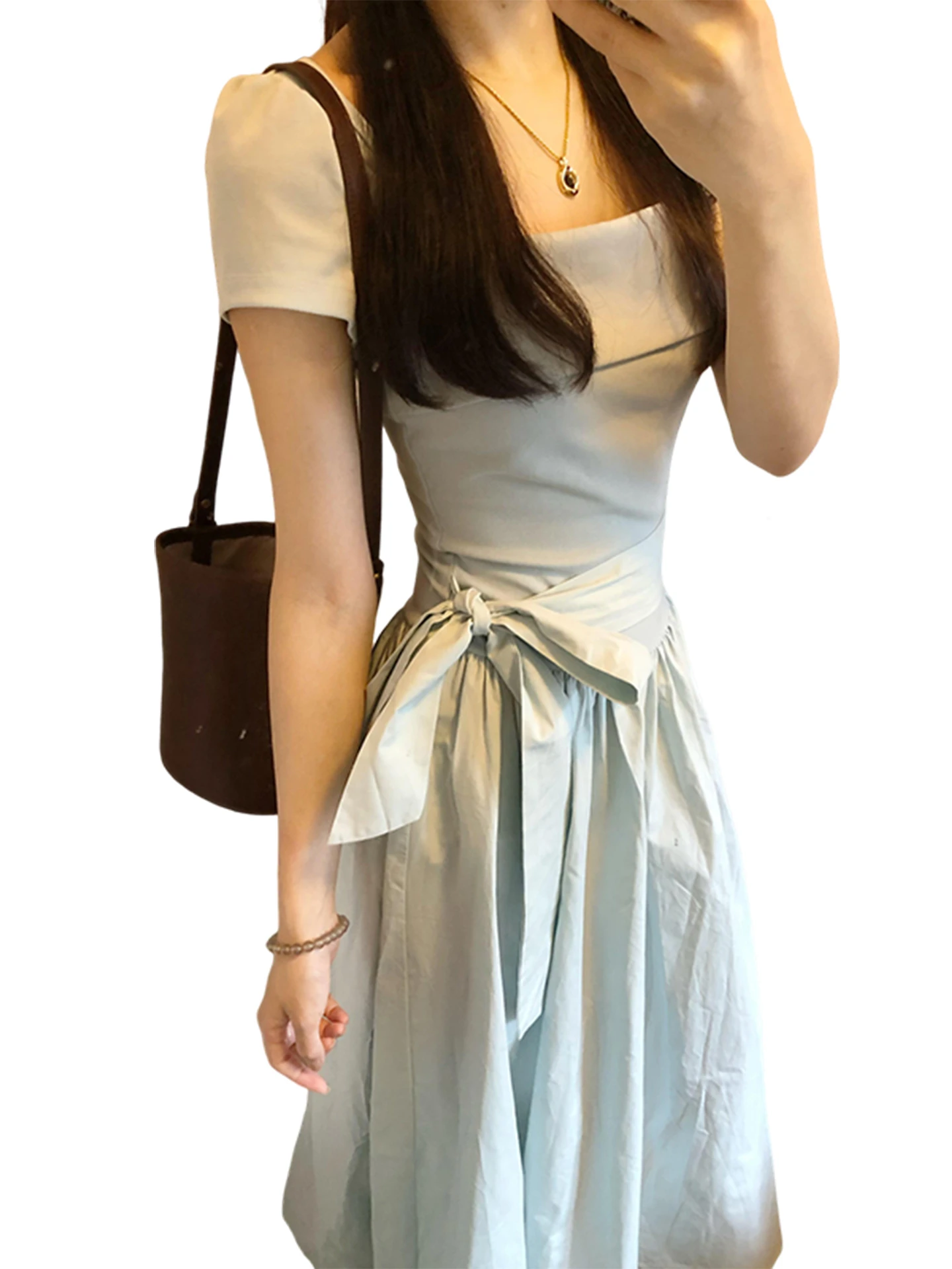 Niebieski kwadratowy kołnierzyk, kokarda, drapowana sukienka damska letnia, podkreślająca talię, w kształcie litery A, długa, drapowana, słodka, w stylu japońskim, z wysokim stanem lub...