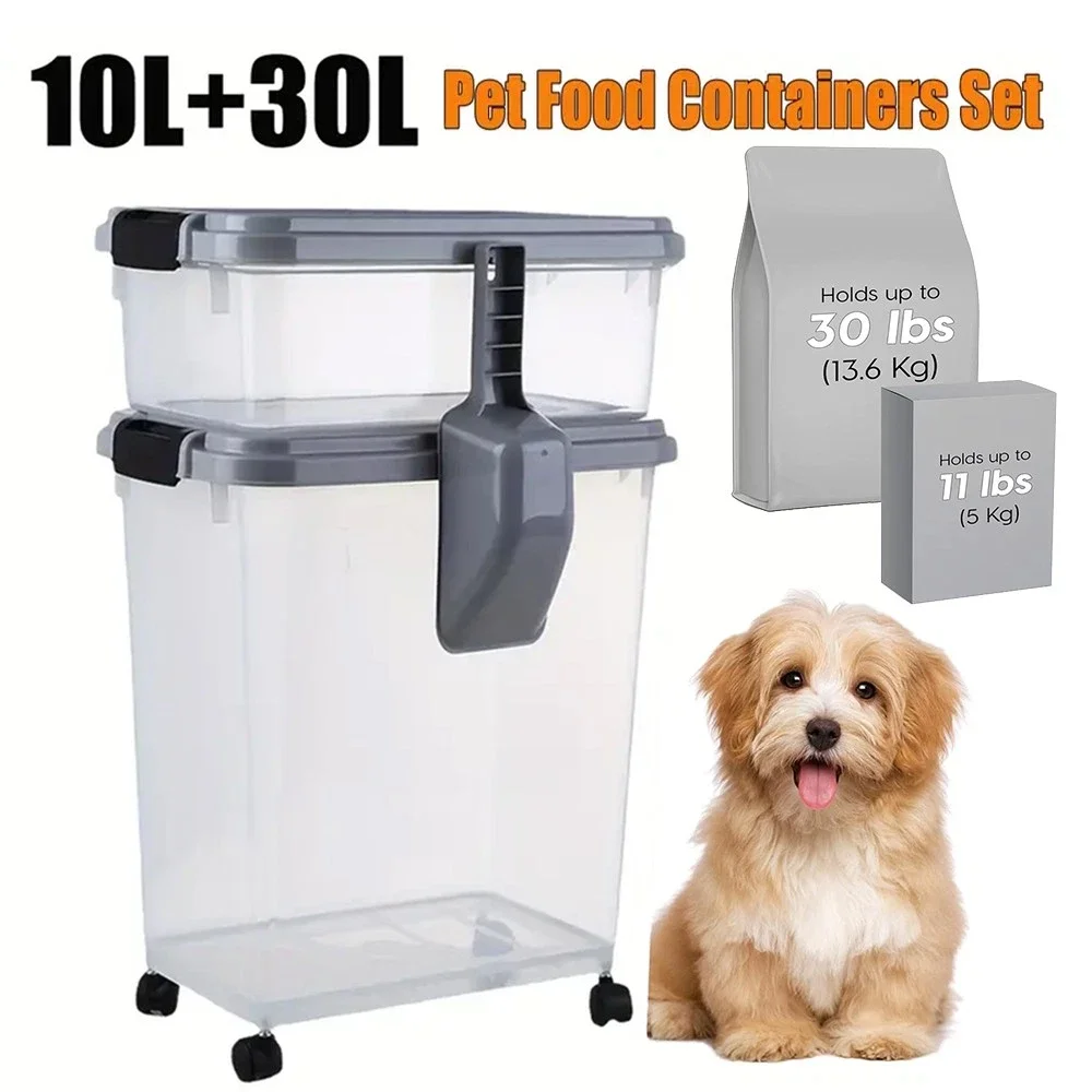 

40л большой герметичный контейнер для корма для домашних животных, контейнер для хранения зерновых, контейнер для хранения собак и кошек, коробка для угощений с колесиками + совок для дома