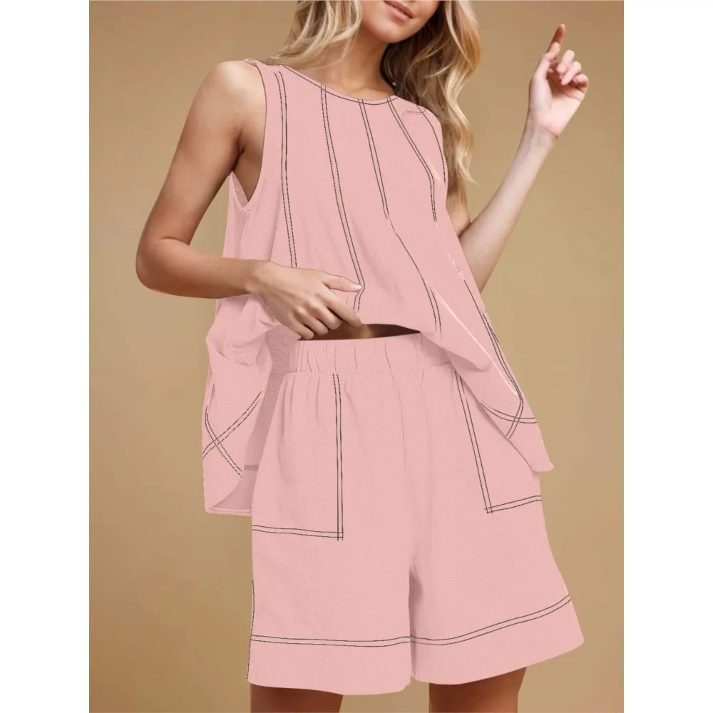 موضة القطن الكتان تقسم أكمام شيك المرأة مجموعة تي شيرتات قصيرة للأطفال الصيف جديد جيب غير رسمي فضفاض السراويل الرياضية 2 قطعة مجموعة الإناث