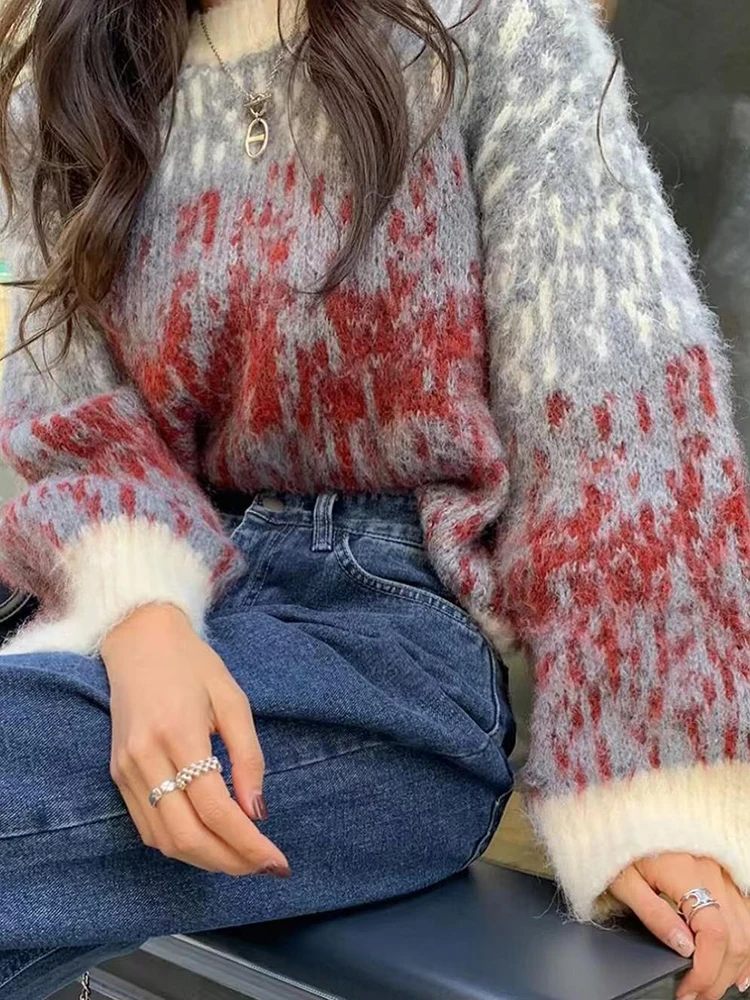 Women Jacquard Fluffy Warm Knit Sweater 2024 Autumn Winter Loose Casual Crop Outfit Women Clothes