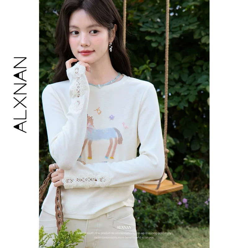 

ALXNAN Long Sleeve T-shirt Round Neck Lace Spliced Cuff Pony Embroidery Basic Tees 2026 Summer Fashion Elegant Female Top L62127