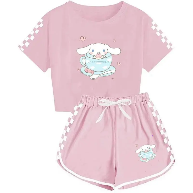 

Girls Boys Cinnamoroll Anime Kawaii Sanrio Casual Short Sleeved Shirt Pants Set Cute Printed Children Sports Clothes Gifts