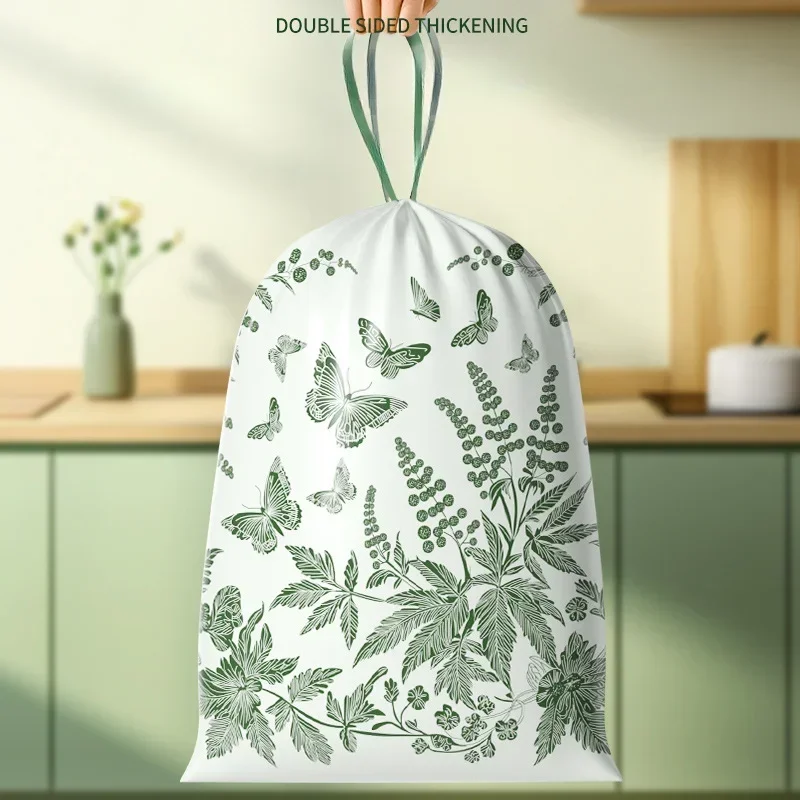 1 Roll 32 Mugwort Printing Non-tear Garbage Bag Household Non-tear Drawstring Portable Large Plastic Bag for Kitchen Use