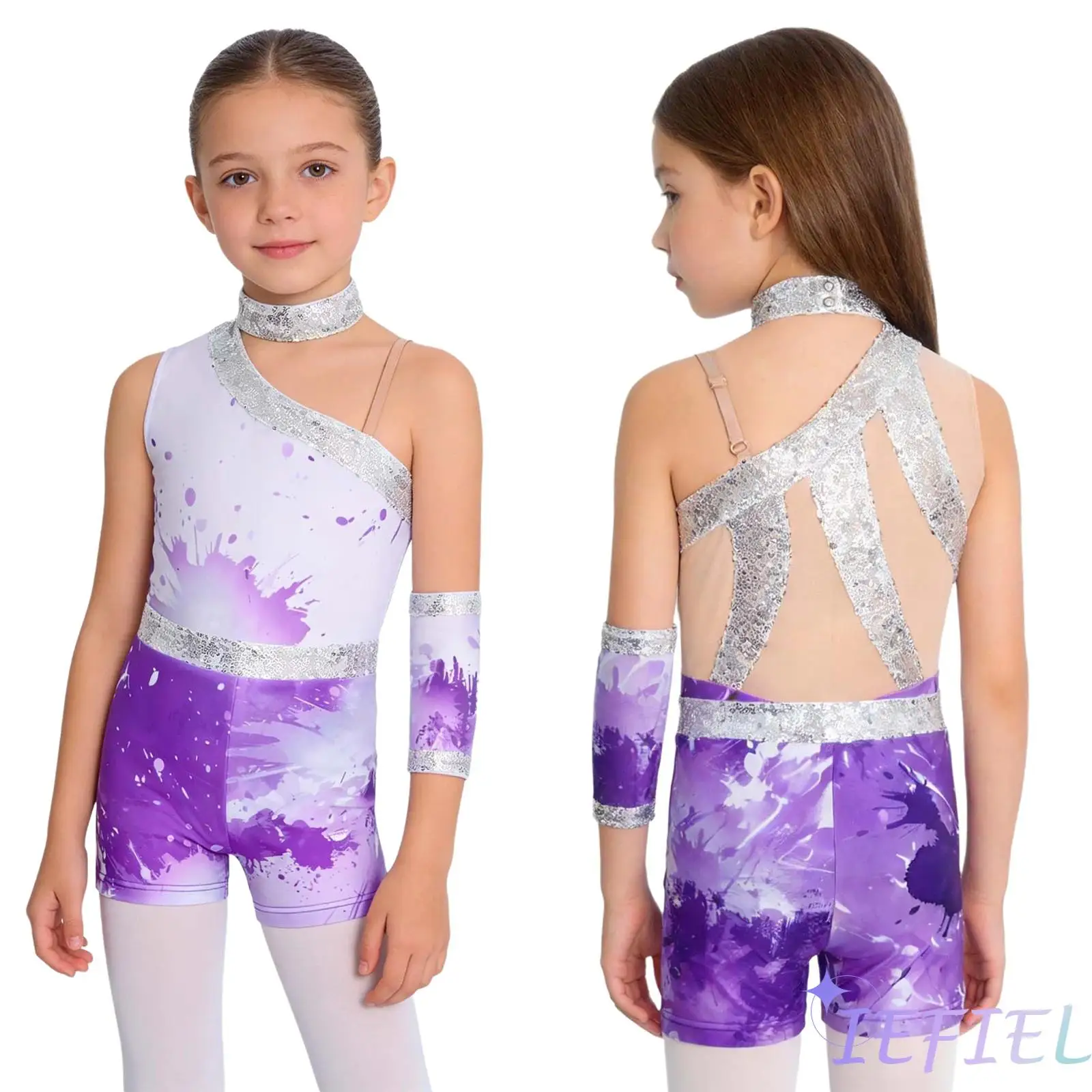 

Girls 3 Pcs Ballet Gymnastics Dance Set Shiny Sequin Decor Asymmetric Sleeveless Bodysuit Dance Leotard+Shorts+Fingerless Glove