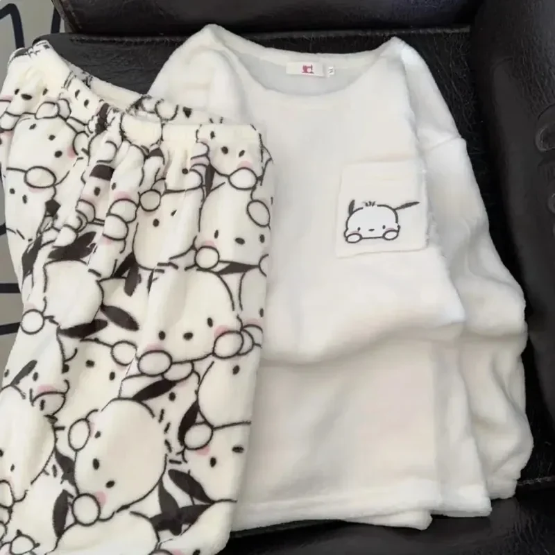 Hello Kitty Pochacco Kuromi Girls New Japanese Cute Cartoon Print Thickened Coral Velvet Warm Antibacterial Home Clothing Set