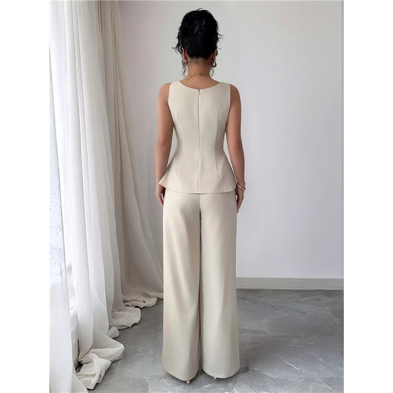 CYL-レディースカジュアルビジネスサマー2ピーススーツスリムフィットエレガントベスト＆ワイドレッグパンツスーツ