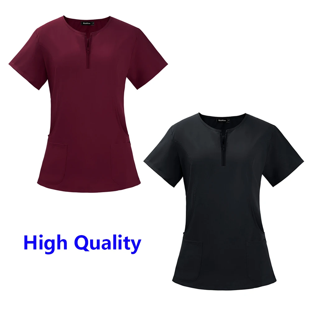 Womens Working Scrub Tops Scrubs for Women Sweetheart Round-Neck Scrub Top With Zipper