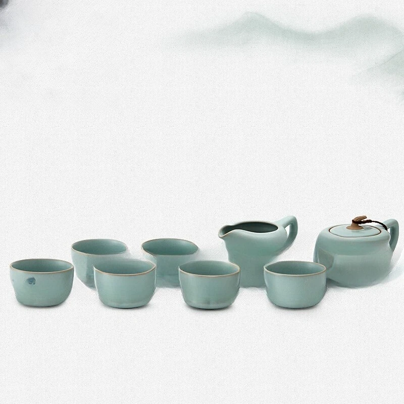 Ru kiln persimmon Ruyi tea set, office gift ceramic kung fu teapot 1 pot 1 sea 6 cups