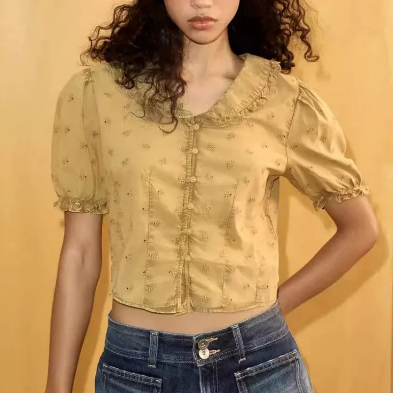 Summer 2026 New Arrival Women's Casual Embroidered Bubble Sleeve Shirt French Style Loose Fit Cotton Polyester Blend Short Sl...