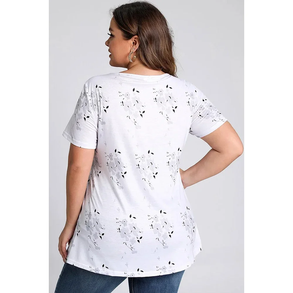 Plus Size Summer Casual Cross Strap Short Sleeve Floral Print Blouses